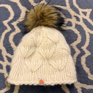 Shit That I Knit (STIK) silk lined cream color wool hat with removable pompom